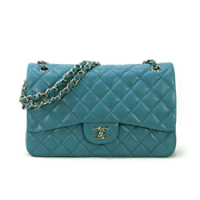 샤넬 클래식 램스킨 라지 더블플랩 에메랄드/은장